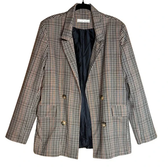 Womens Plaid Blazer Jacket Double Breasted Brown Tan Black Classic Fall Style - Picture 1 of 9